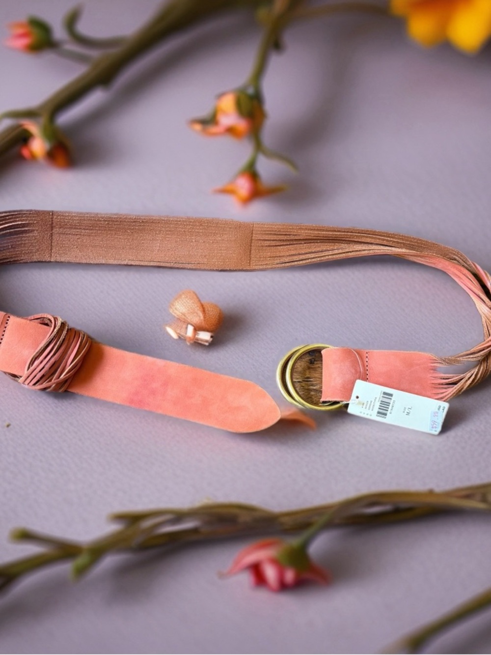 Anthropologie Peach Suede Fringe Belt with Gold Ring Buckle